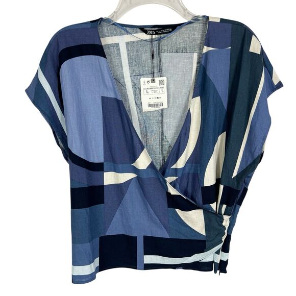 NEW Zara Navy Abstract Geo Print Linen Blend V Neck Cap Sleeve Top Women’s Large - Picture 1 of 8
